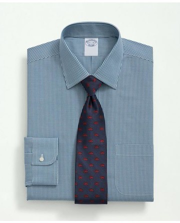 Brooks Brothers Men's Stretch Supima Cotton Non-Iron Pinpoint Oxford Ainsley Collar, Gingham Dress Shirt | Teal | Size 14½ 32
