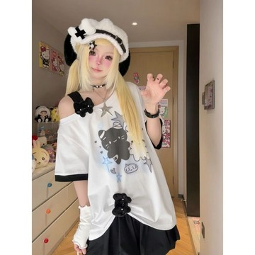 【100%純棉】斜領露肩上衣 女 夏季 新款 寬鬆 可愛 日系 亞文化 軟妹 短袖 T恤 上衣女 短袖t恤女