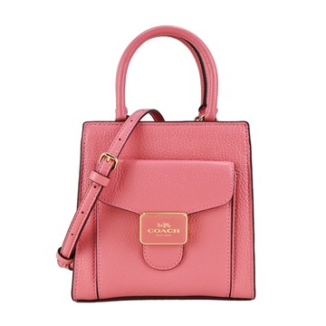 COACH 新款馬車LOGO前翻蓋口袋素面皮革手提/斜背兩用包(太妃糖粉)