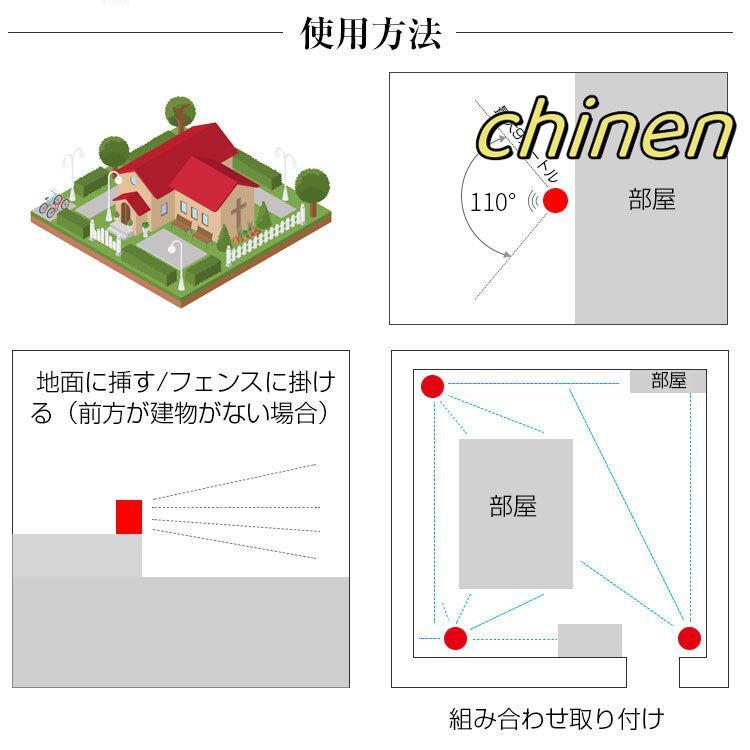 動物よけブザー 110° 10m感知範囲 猫よけ 鳥よけ 害獣撃退 超音波 USB充電 ソーラー充電 LED強力フラッシュライト