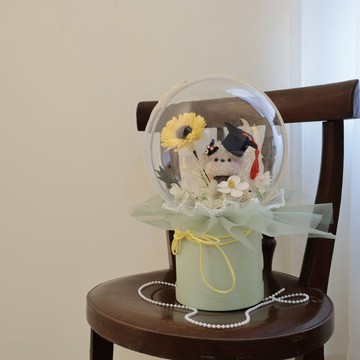 新品畢業花束_可愛狗狗波波球抱抱桶永生花束
