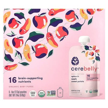 Cerebelly, 有機嬰幼兒果泥，菠菜、蘋果、甘薯，6 袋，每袋 4 盎司（113 克）