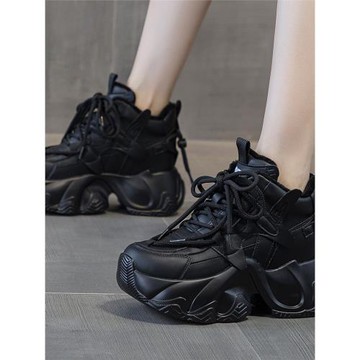 明星新款2024冬厚底加絨內增高老爹鞋女款真皮超火高跟休閑運動鞋