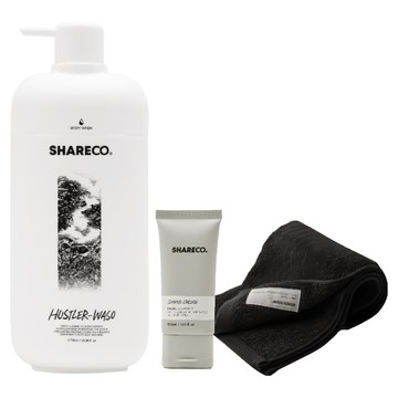 SHARECO 台灣公司貨 日常沐浴組 菸草香沐浴膠＋黑色純棉短浴巾 + 潔面乳體驗  1套