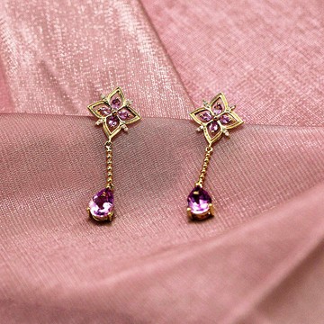 【Purplemay jewellery】純18K金復古紫水晶鑽石耳釘 - E065
