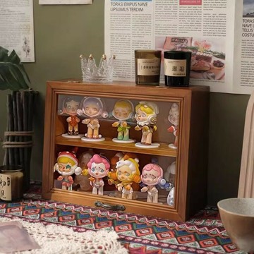 【含稅/免運】 桌面木質手辦泡泡瑪特展示架復古杯子收納實木展示柜擺件盲盒架子