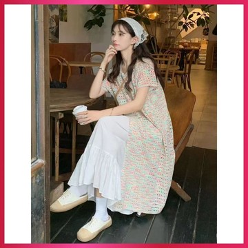 『ATC』大碼連身裙多巴胺彩色針織鏤空女夏季新款度假風設計感疊穿開叉長裙子
