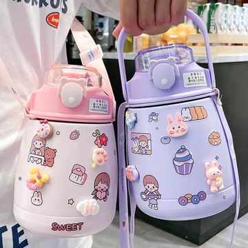 大肚保溫杯女1000ml大容量不銹鋼帶吸管高顏值兒童戶外便攜水杯子