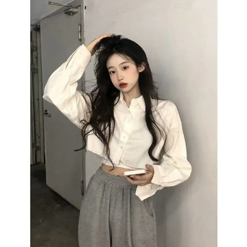 🌷台灣出貨🌷Glove 甜酷辣妹 長袖上衣 短款襯衫 長袖襯衫 上衣女 衣服 小眾設計感 白色襯衫 短款上衣 百搭 時尚