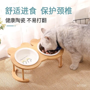 陶瓷貓碗 貓碗 護頸貓碗 寵物碗 防打翻 飼料碗 貓碗雙碗貓糧盆貓咪防打翻陶瓷寵物狗飯碗飲水斜口保護頸椎貓食盆b