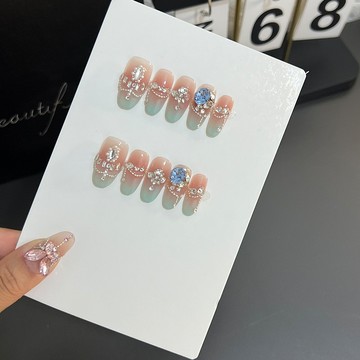 🌻Hannah🌻新款來襲純手工穿戴甲藍色法式鏈條鑽爆閃重工甲片高級感輕奢顯白美甲貼片中款2026新款上新MJ11