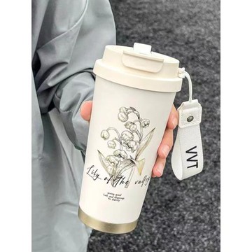 鈴蘭保溫杯2023新款便攜咖啡杯女生高顏值大容量不銹鋼吸管水杯子