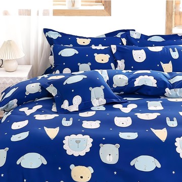 愛北鼻 柔絲絨印花磨毛床包枕套組 P883 台灣製  雙人  萌寵大頭貼 藍色