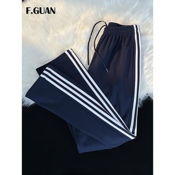 藏藍色初高中學生校服褲男女薄款三條杠條紋寬松休閑直筒運動褲子