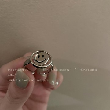 臺灣/✨戒指 情侶對戒好心情~雙面笑臉金屬開口戒指女ins設計小衆食指戒嘻哈冷淡風指環