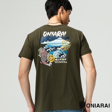 鬼洗 BLUE WAY – 和藝術海浪富士山分割短TEE(橄欖綠)