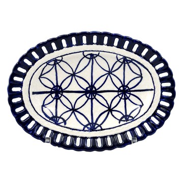 Modigliani 義大利陶 古城圖騰系列 簍空橢圓盤  藍色  20 x 14 x 3cm  1個