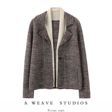 高級設計感！夾色山羊絨小西裝領假兩件收腰羊絨開衫女外套