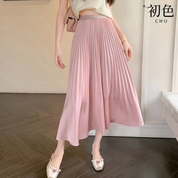 初色 純色緞面百褶A字寬鬆顯瘦褶皺中長裙半身裙長裙-共4色-12349(F可選)