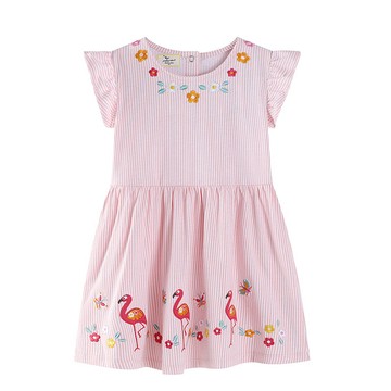 Jumping meters - 棉質圓領小飛袖洋裝-花朵紅鶴-粉色條紋