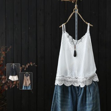 文藝范鉤花鏤空刺繡吊帶女夏季2024年新款寬松背心打底衫女裝上衣