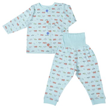 akachan honpo - 長袖前開式家居服-穿衣練習 工程車-淺藍色