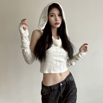 INS美式廢土風y2k連帽無袖背心短版上衣辣妹夏天穿搭修身顯瘦上衣大碼女裝 10819