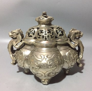 古玩銅器收藏精品 貔貅檀香爐熏香爐仿古工藝品白銅鍍銀風水擺件