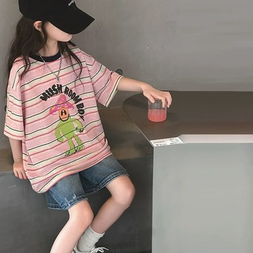 Healthy baby 女童短袖t恤夏季新款兒童洋氣時髦夏裝大童薄款條紋打底上衣T短袖 T恤 女童短袖 儿童上衣