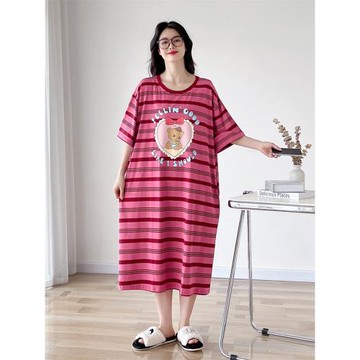 中長款卡通條紋大碼睡裙女夏季短袖純棉薄款胖mm200斤睡衣家居服