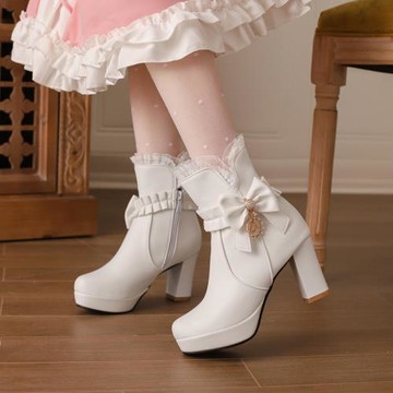原創~洛麗塔時尚高跟短靴子甜美蝴蝶結蕾絲馬丁靴防水臺大碼女鞋