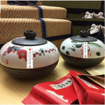 杭州特產西湖雙絕龍井手工窨制桂花綠茶九曲紅梅紅茶瓷瓶禮盒包裝