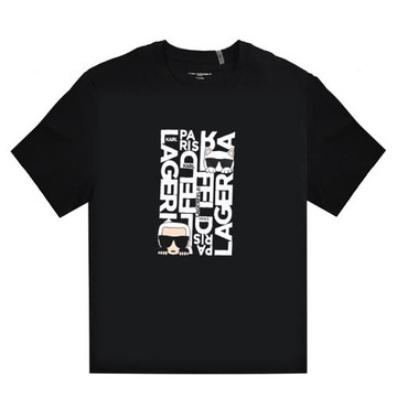 KARL LAGERFELD 卡爾 Q版老佛爺貓咪英字棉質短T恤.黑