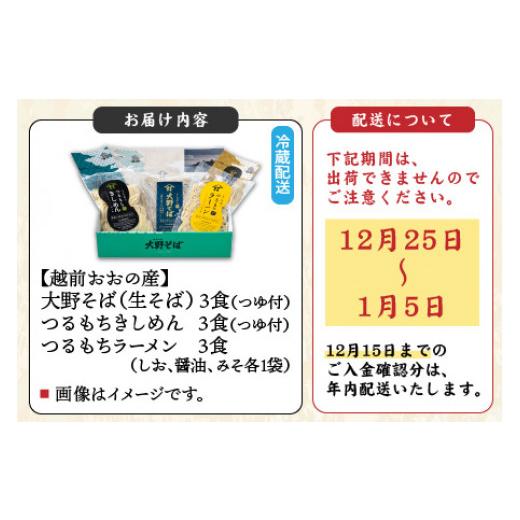 ふるさと納税 福井県 大野市 越前大野産 石臼挽き 越前そば 生そば＋きしめん＋ラーメン 各3食セット（つゆ、スープ付）