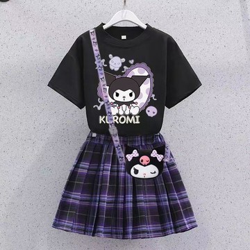 【臺灣-出貨】夏季新款女童庫洛米洋氣套裝兒童夏裝jk短袖兩件套學院公主百褶裙