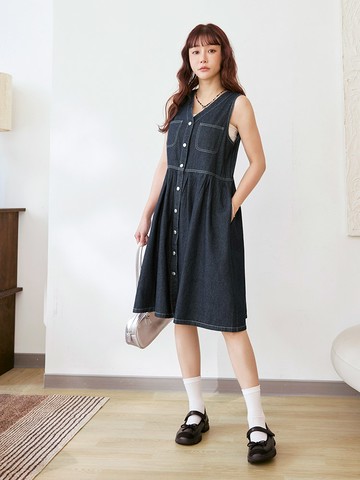 純棉V領排釦收腰牛仔短洋裝