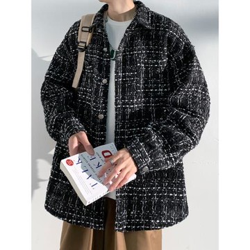 (免運)粗花呢小香風格子外套男士春秋季冬款加絨高級感寬松休閑男生夾克