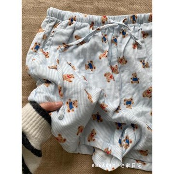 卡通小熊印花高腰短褲睡褲女士2025年夏季新款家居褲子寬松闊腿褲