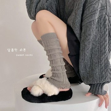 ✨精選好物✨含棉堆堆襪套女 秋冬長筒堆堆小腿襪套  日系灰色豎條襪套  花邊針織小腿襪套  毛線小腿保暖腿套