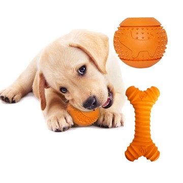 寵愛有家 狗狗玩具橡膠螺紋骨頭磨牙耐咬漏食球玩具2入組