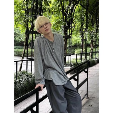 秋季薄款慵懶風韓系高級感寬松長袖T恤男休閑痞帥垂感打底上衣服