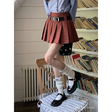 【臺灣出貨】大碼胖mm學院風 格紋短裙 美式複古 校園百褶裙 紅色格子半身裙 女夏 半身裙 短裙 美式短裙 裙子 裙子短