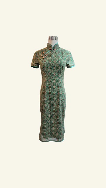 【VINTAGE 悅裳】新式改良復古旗袍  綠色菱形短旗袍