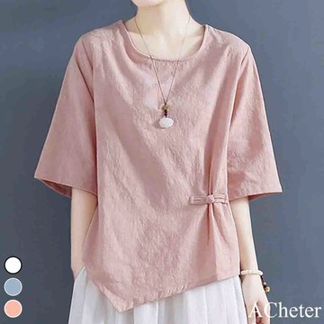 【ACheter】棉麻緹花下擺不規則設計感五分袖上衣# 110075(現貨+預購)