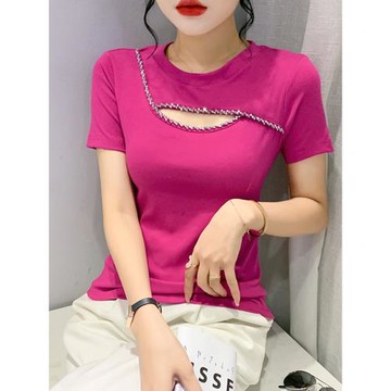 2025夏裝新款性感鏤空T恤女短袖重工釘珠上衣修身百搭半袖小衫潮