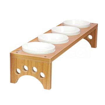 【MOMOCAT】四口小型犬貓餐桌 黃金柚木色 碗架附瓷碗