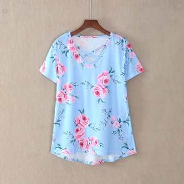 女短袖修身圓領花朵印花文藝甜美森女T恤衫顯瘦氣質