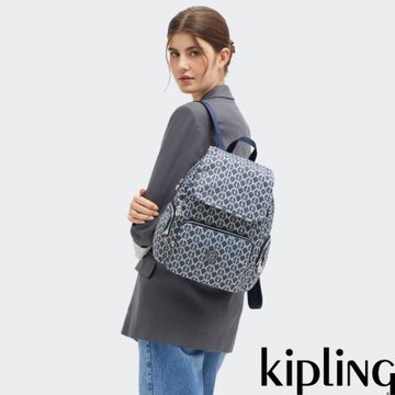 『猴子包』Kipling 藍灰老花掀蓋拉鍊後背包-CITY ZIP S
