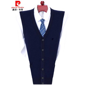 皮爾卡丹100純羊絨背心男v領無袖毛衣開衫中老年純色內搭針織坎肩