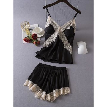 性感睡衣女夏季冰絲吊帶短褲兩件套裝帶胸墊高級感蕾絲純欲家居服